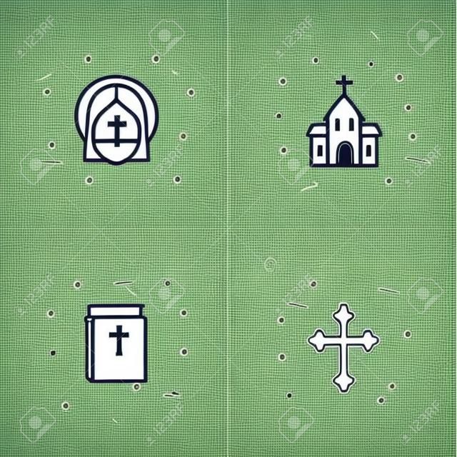 Chrześcijaństwo cienka linia zestaw ikon Kościoła, krzyża, Jezusa, Biblii. Ilustracja wektorowa nowoczesne.