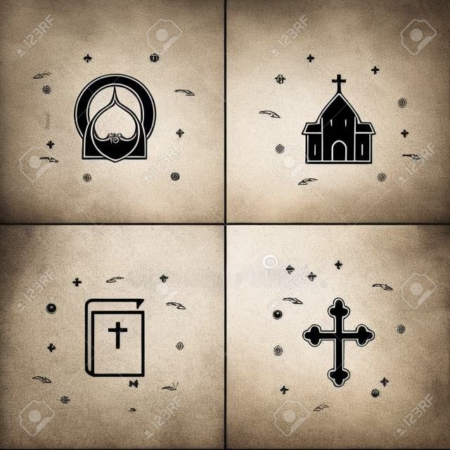Chrześcijaństwo cienka linia zestaw ikon Kościoła, krzyża, Jezusa, Biblii. Ilustracja wektorowa nowoczesne.