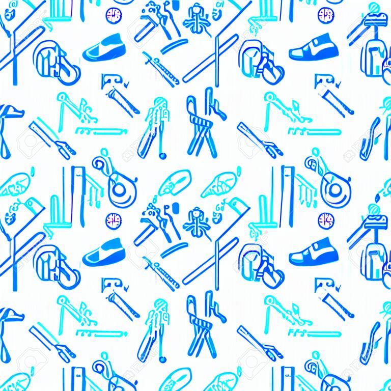 Physiotherapy seamless pattern with thin line icons: rehabilitation, physiotherapist, acupuncture, massage, go-carts, vertebrae; x-ray, trauma, crutches, wheelchair. Vector illustration.