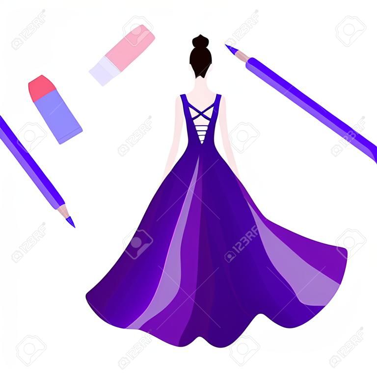 Fashion beautiful brunette woman in stylish red evening dress,vector