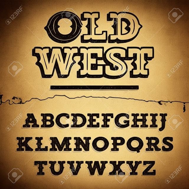 老西字樣。復古字母表中西方風格。粗襯線體上的油漬背景類型的字母。標籤和海報復古矢量字體