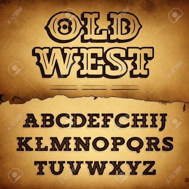 老西字体。在西方风格的复古字母。在难看的东西背景的平板衬线类型信件。标签和海报的老式矢量字体