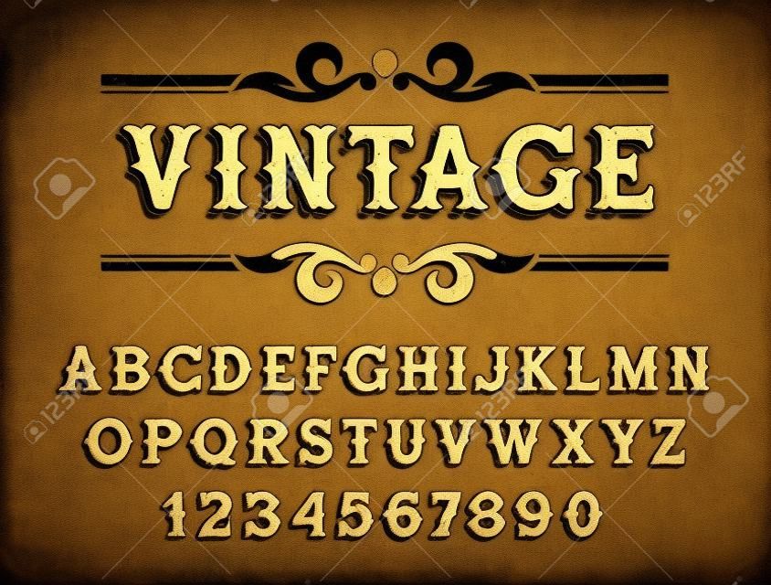Vintage font in Wild West style. Handmade oldstyle typeface with grunge texture for signboards, labels and posters