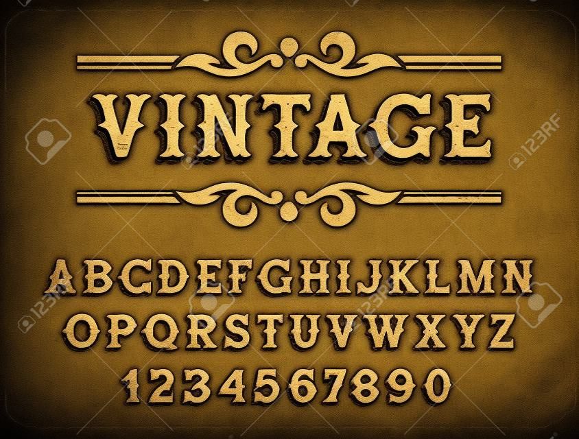 Carattere vintage in stile selvaggio West. Carattere tipografico vecchio stile fatto a mano con texture grunge per insegne, etichette e poster