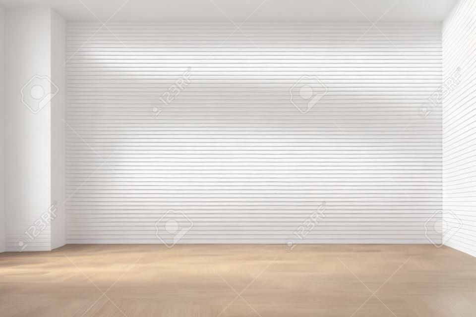 Quarto vazio com paredes lisas planas brancas e piso em parquet de madeira escura sob a luz do sol através da janela, ilustração 3D