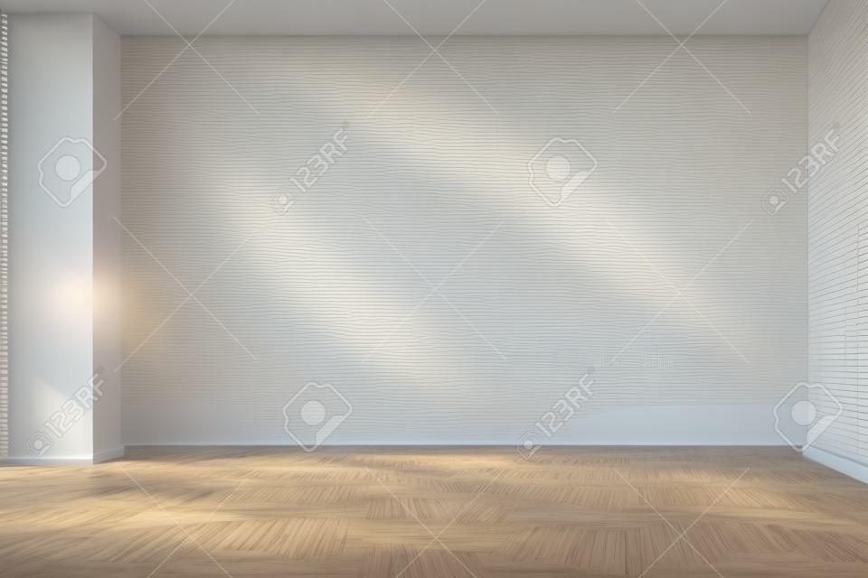 Quarto vazio com paredes lisas planas brancas e piso em parquet de madeira escura sob a luz do sol através da janela, ilustração 3D