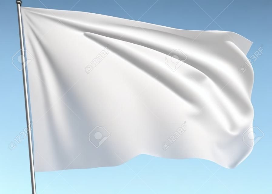 Drapeau blanc sur mât au vent isolé sur blanc, illustration 3d