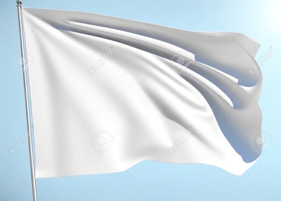 Drapeau blanc sur mât au vent isolé sur blanc, illustration 3d