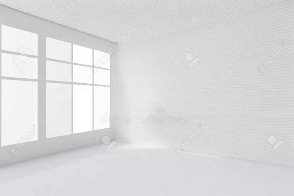 Interior da sala branca da arquitetura abstrata: canto branco vazio da sala com paredes brancas, assoalho branco, teto branco e janela com luz da janela, sem nenhuma textura, ilustração 3d