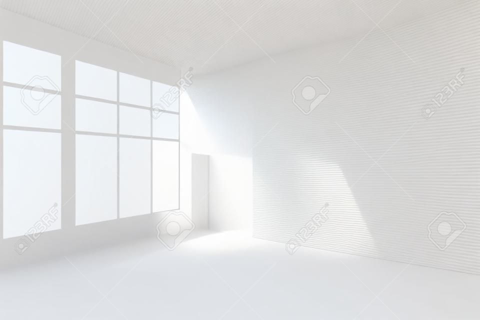 Interior da sala branca da arquitetura abstrata: canto branco vazio da sala com paredes brancas, assoalho branco, teto branco e janela com luz da janela, sem nenhuma textura, ilustração 3d