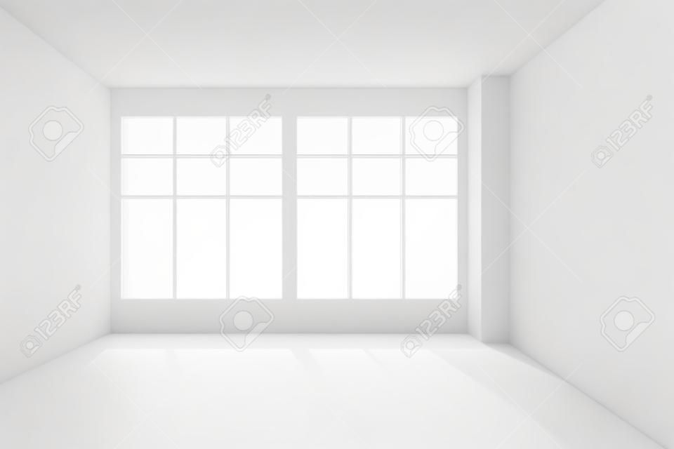 Abstrakte Architektur weißen Raum interior - weiß leeren Raum Ecke mit weißen Wänden, weißen Boden, weiße Decke und Fenster mit Sonnenlicht aus dem Fenster, Vorderansicht, 3D-Darstellung
