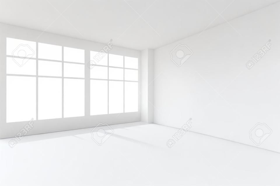 추상 아키텍처 화이트 룸 인테리어 - 흰색 벽, 흰색 바닥, 창에서 햇빛 흰색 천장과 창 빈 화이트 룸 코너, 모든 텍스처없이 3D 그림