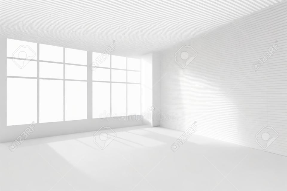 Abstract architecture white room interior - empty white room corner with white walls, white floor, white ceiling and window with sunlight from window, without any textures, 3d illustration