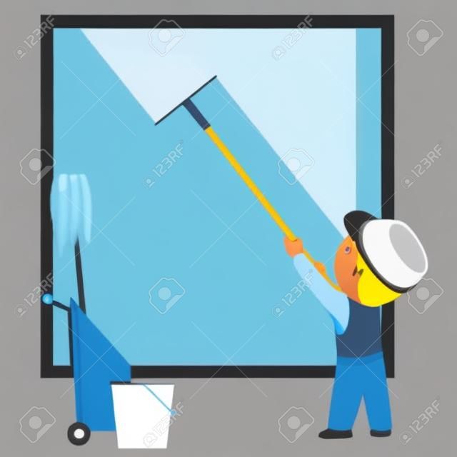 Очистка Человек и мыть окна с ведром. Векторные иллюстрации