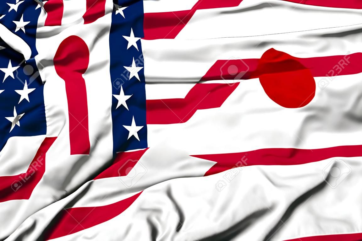 日本和美國的國旗揮舞