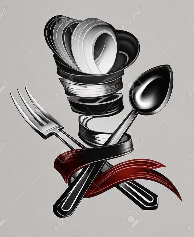 gorro de cocinero, cuchara y tenedor