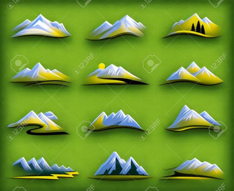 set of twelve mountain icons