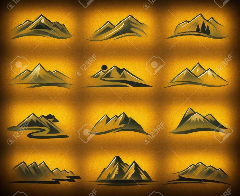 set of twelve mountain icons