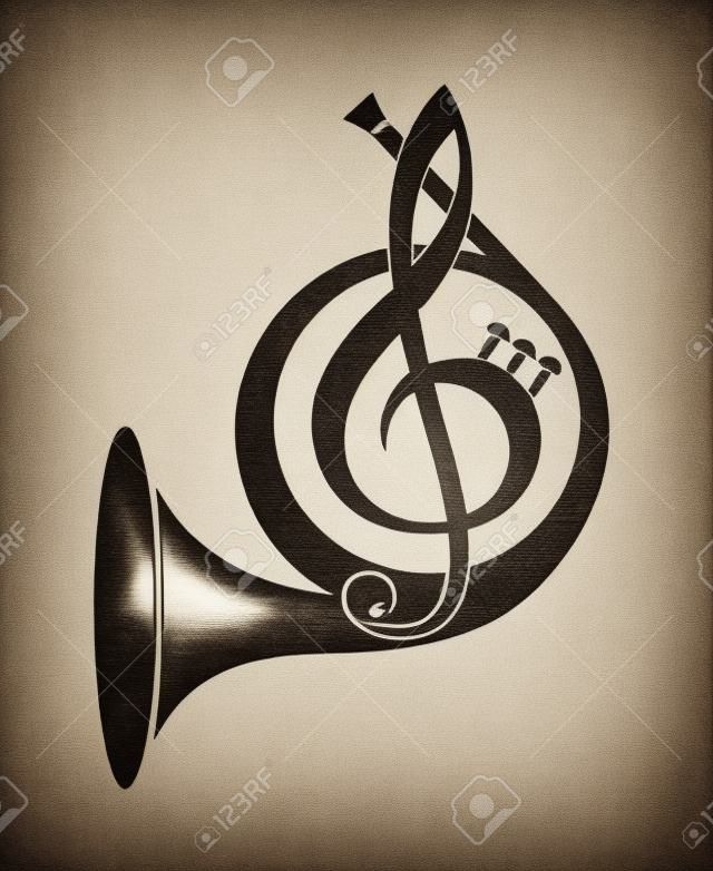 monochrome icon of french horn and treble clef