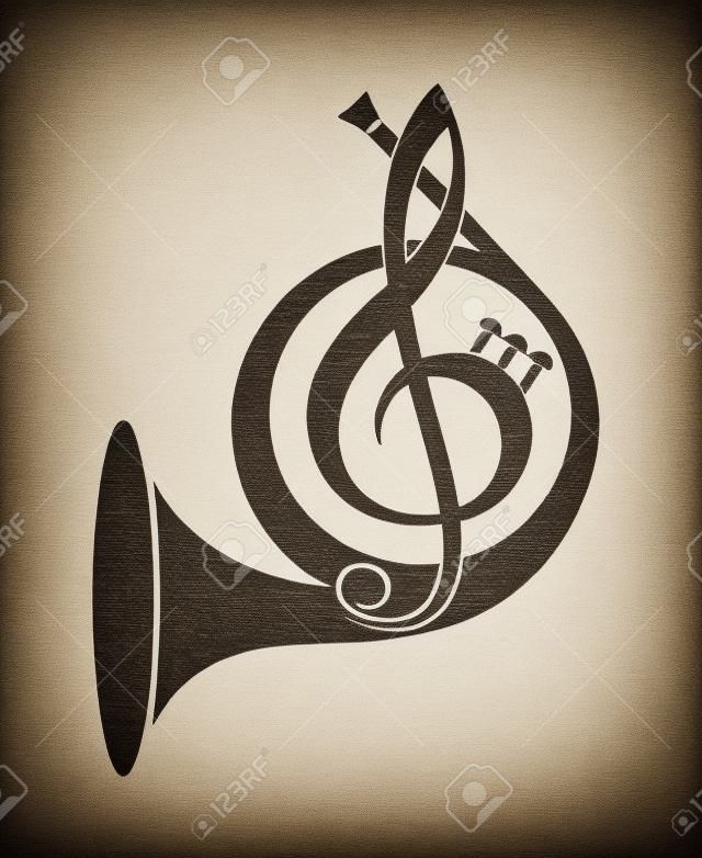monochrome icon of french horn and treble clef