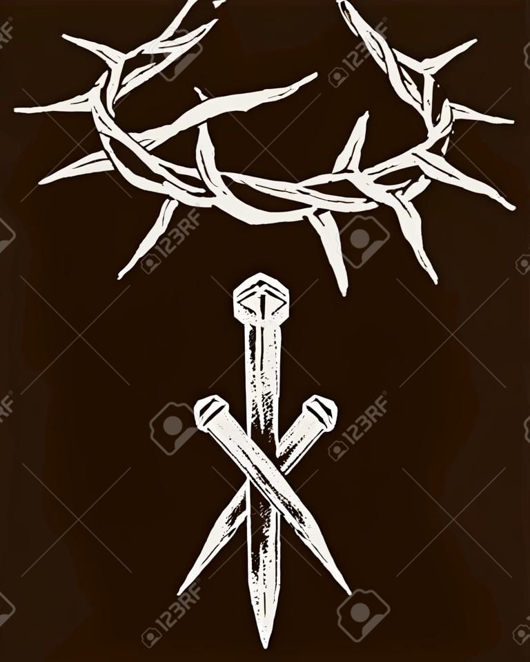 검은 배경에 고립 된 가시 왕관과 함께 예수 손톱의 이미지