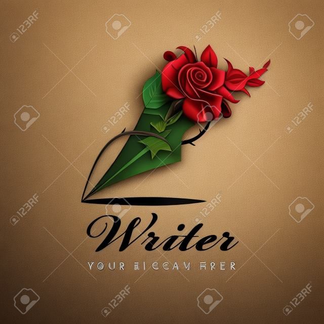 writer icon with feather pen and rose isolated on white background