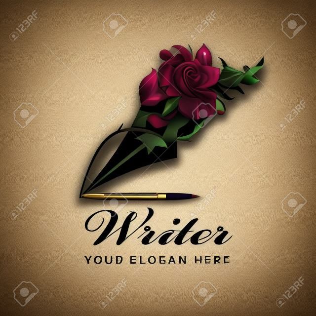 writer icon with feather pen and rose isolated on white background