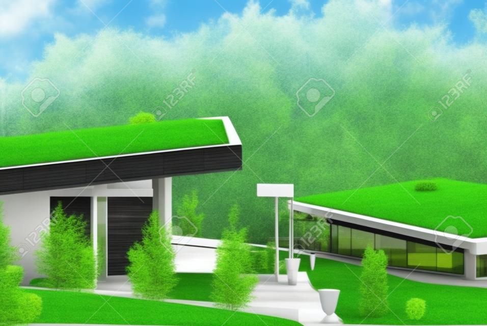 Modern buildings with lawns on the roof in the city eco park, roofs are covered with green grass.