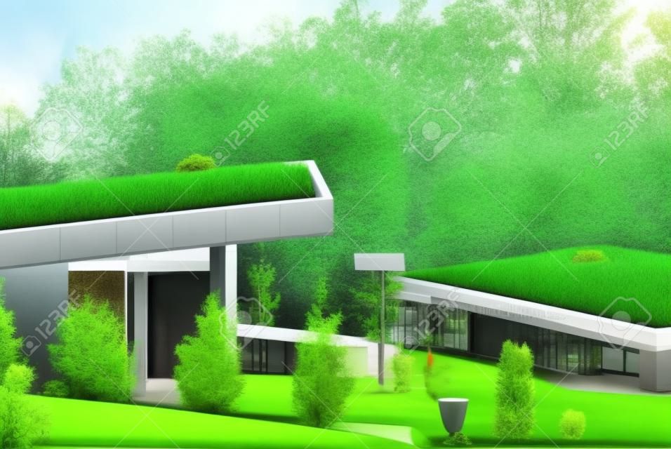 Moderne gebouwen met gazons op het dak in het stads ecopark, daken zijn bedekt met groen gras.