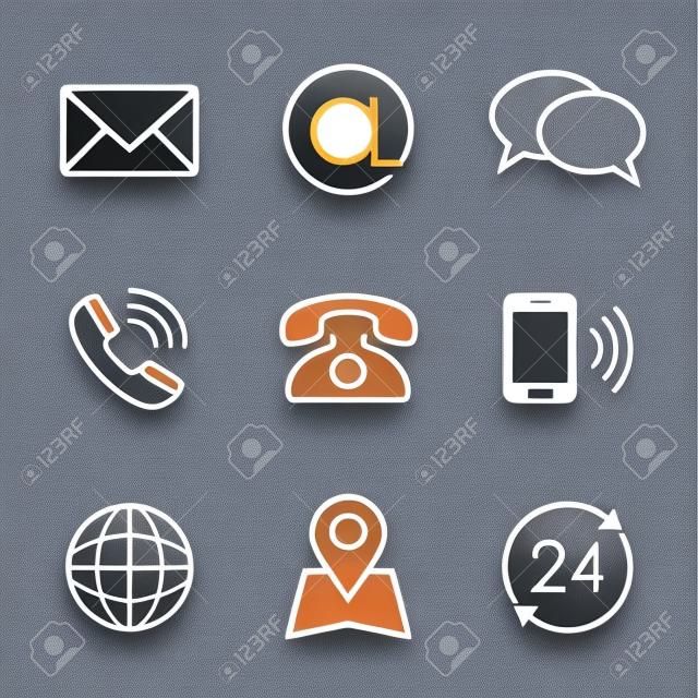 Kontakt prosty zestaw ikon wektorowych e-mail koperta rozmowy telefonicznej telefonu komórkowego mapa globu i biznesowych godzin