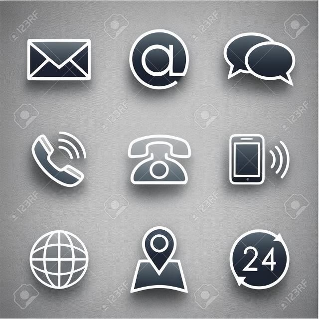 Contatos simples ícone vector set envelope e-mail chat telefone celular mapa globo e horário comercial