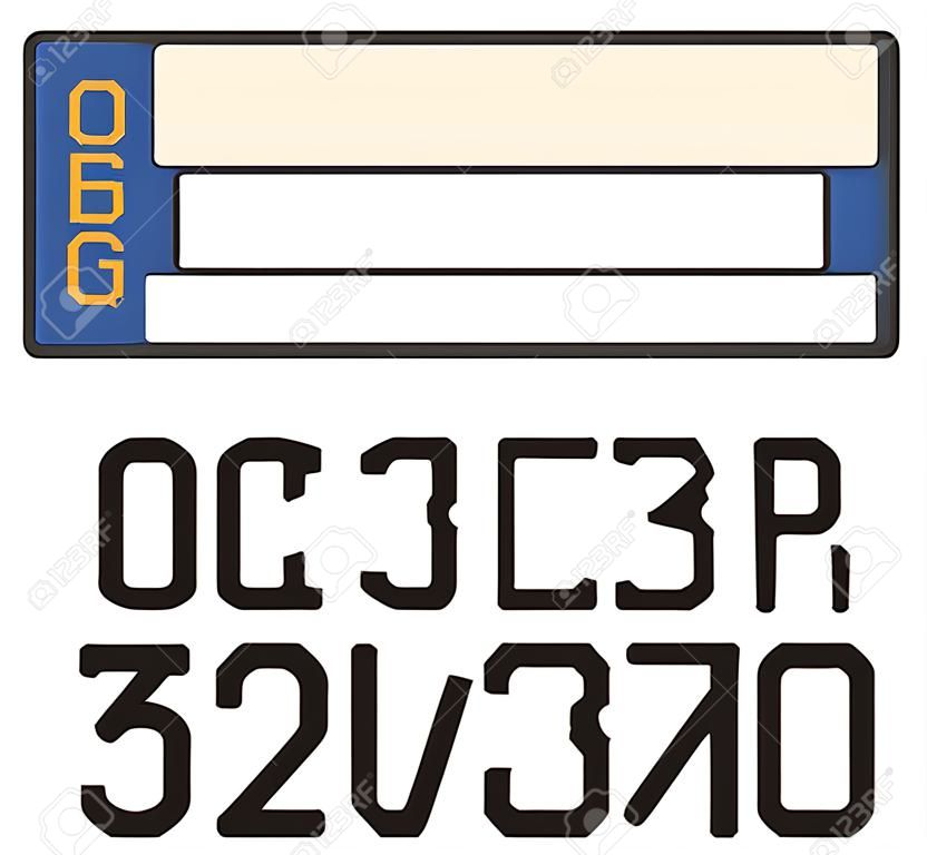 Lege kentekenplaat van het voertuig met een set cijfers en letters