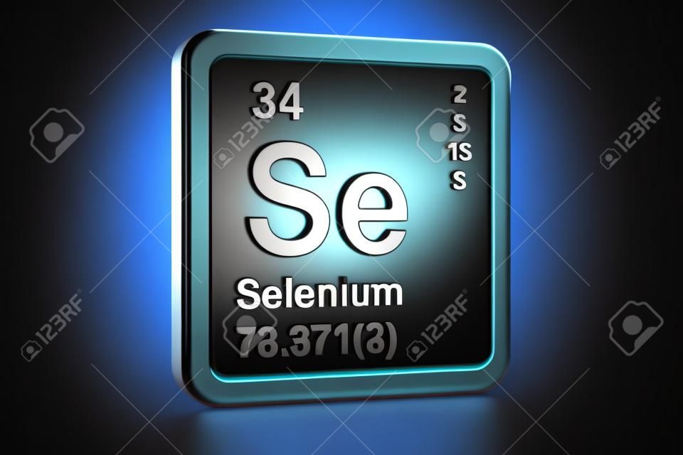 Selenium Se, chemical element. 3D rendering isolated on black background