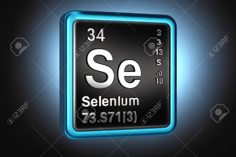 셀레늄 Se, 화학 원소. 검은 배경에 고립 된 3D 렌더링