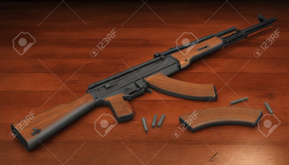 Assault rifle with magazine and bullets on the wooden table, 3D rendering