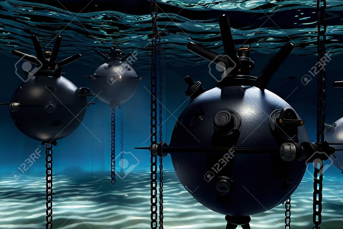 Underwater mines, naval mines. 3D rendering