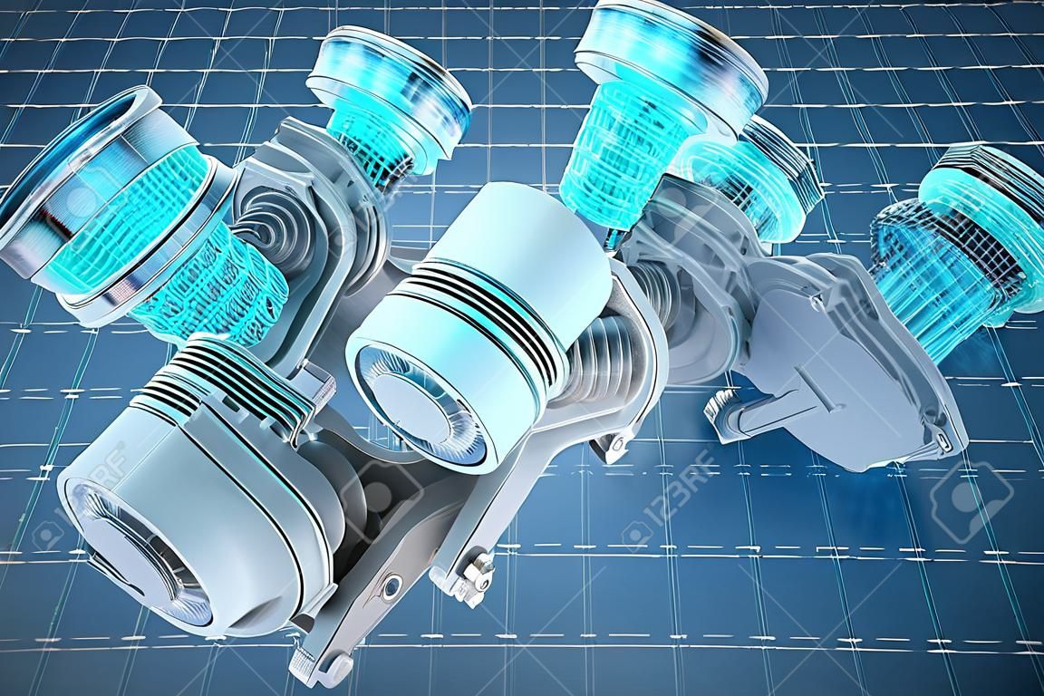 Visualization 3d cad model of V8 engine pistons, blueprint. 3D rendering