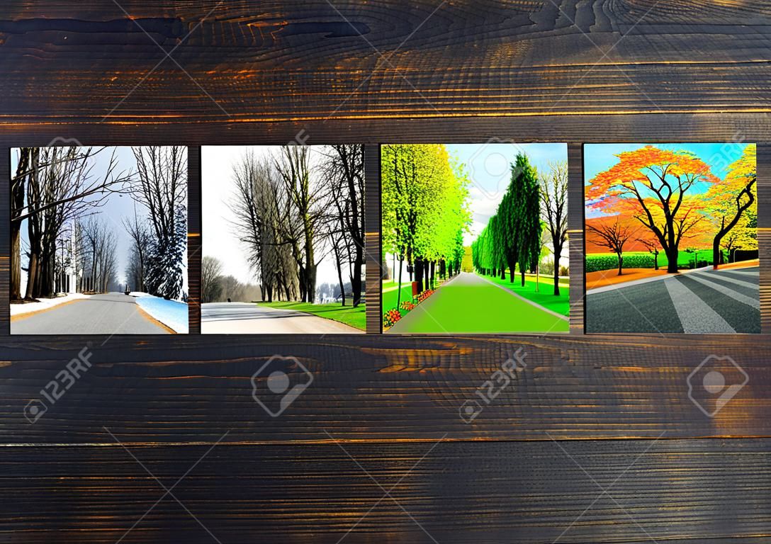 Four seasons on wooden background. Photos of four seasons attached to dark wooden wall. Four photos of same park taken at different times of year. Different times of year spring, summer, autumn,winter