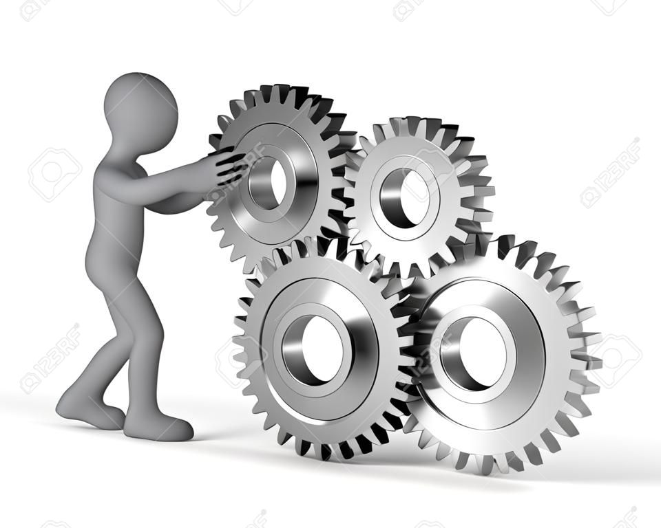 3d person  with a shiny wheel gears. 3d image. White background.