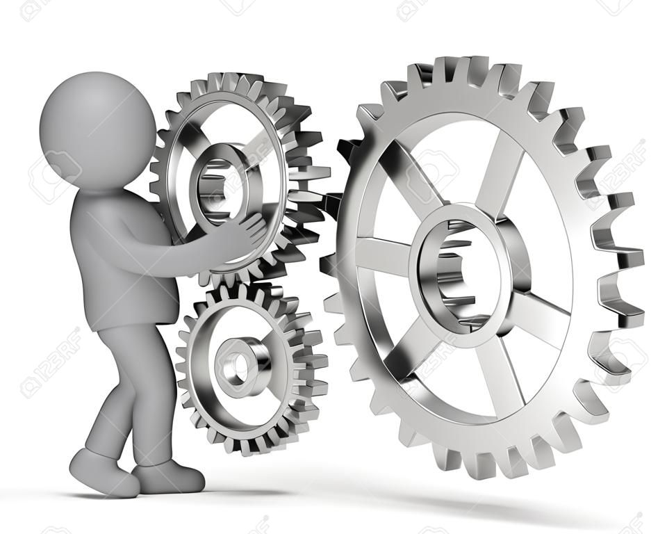 3d person  with a shiny wheel gears. 3d image. White background.