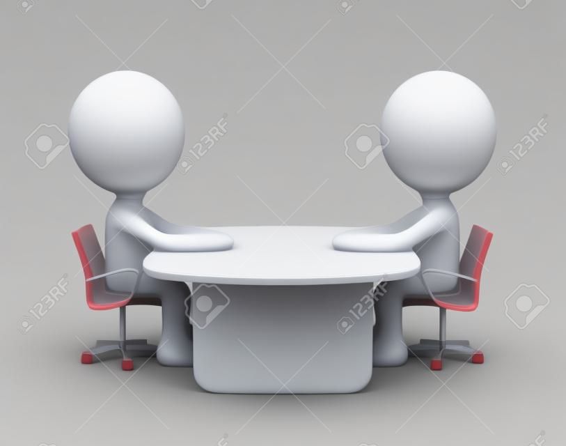 Two people sitting at the table talking. 3d image. White background.