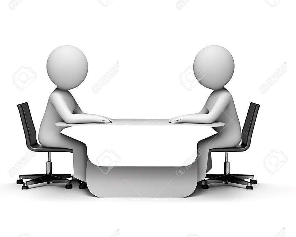 兩個人坐在桌子說話。三維圖像。白色背景。