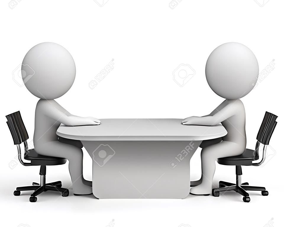 Zwei Menschen, die am Tisch sitzen sprechen. 3D-Bild. Weißen Hintergrund.