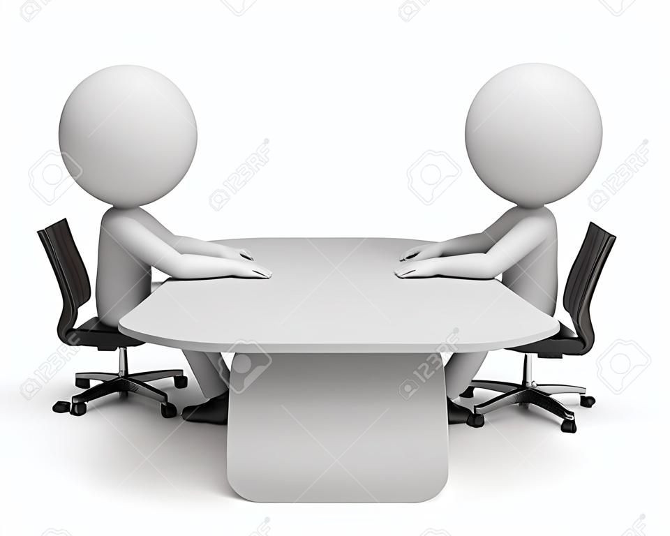 兩個人坐在桌子說話。三維圖像。白色背景。