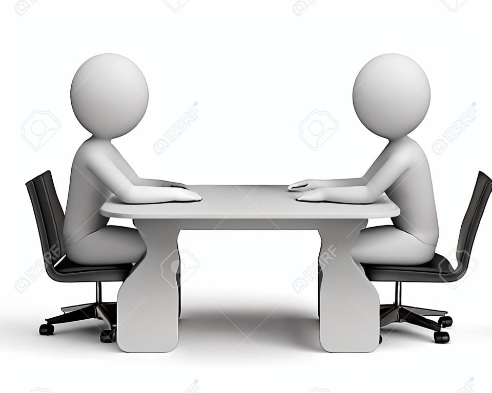 Two people sitting at the table talking. 3d image. White background.