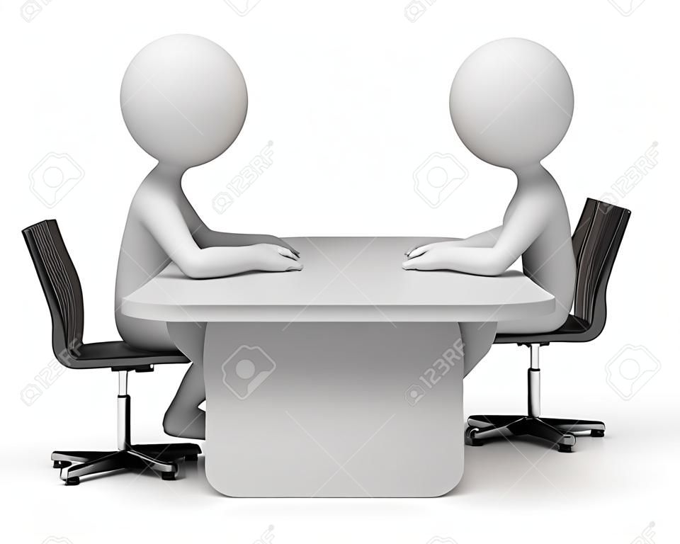 テーブルの話に座っている 2 人。3 d 画像。白い背景。