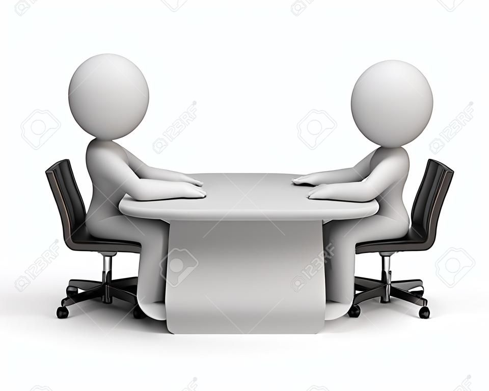 Zwei Menschen, die am Tisch sitzen sprechen. 3D-Bild. Weißen Hintergrund.