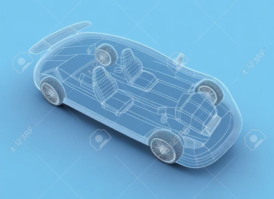 透明な車のデザイン、ワイヤー model.3D イラスト。自分の車のデザイン。
