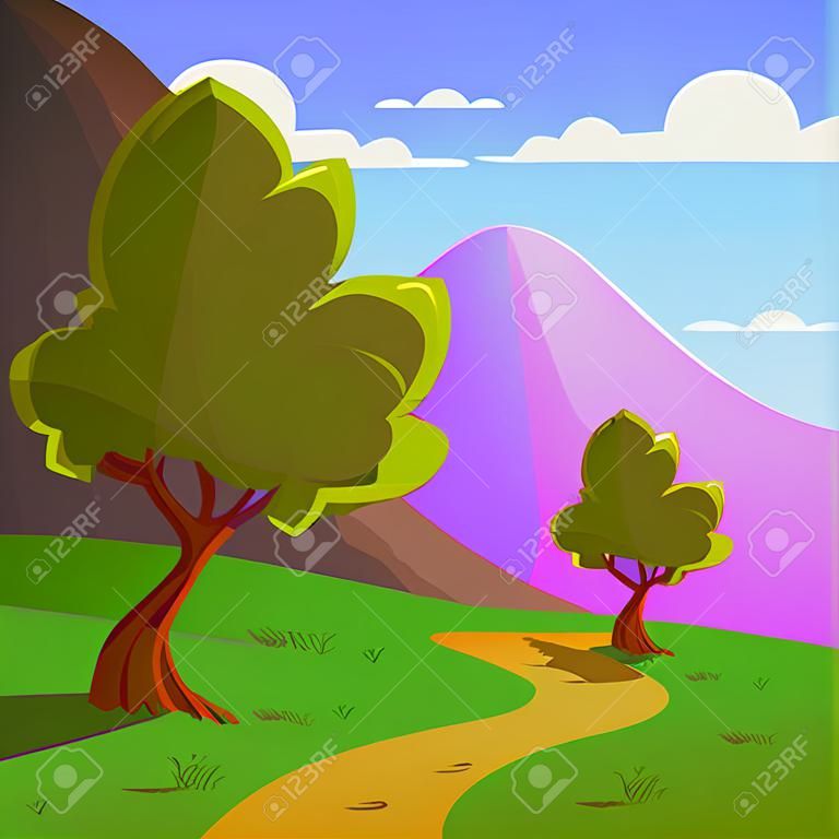 Berglandschaft mit Bäumen auf einer Wiese, Cartoon-Vektor-Illustration