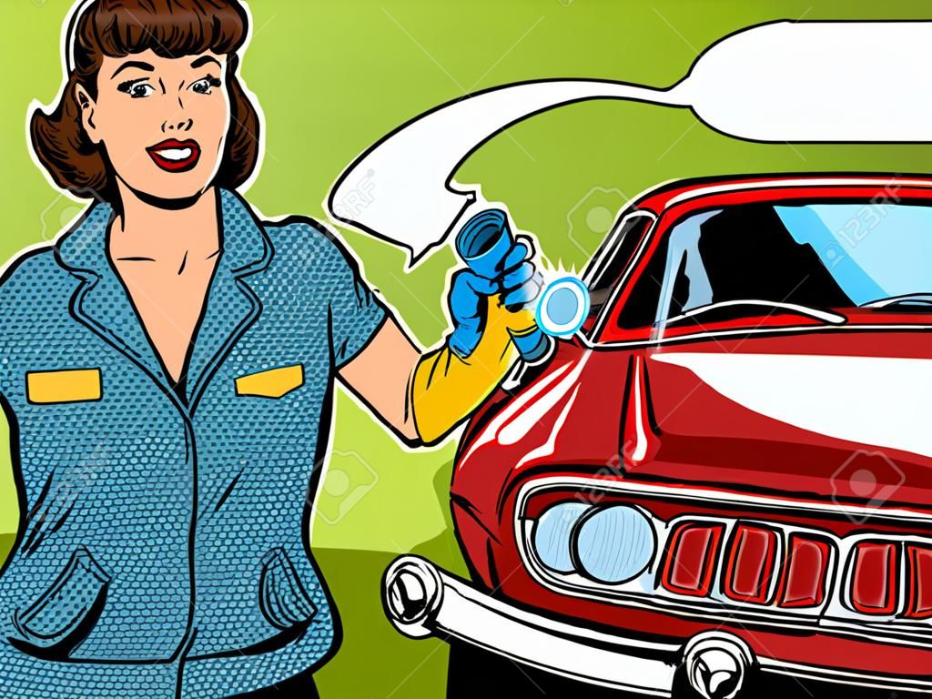 Colada de la muchacha del coche retro pop cómic ilustración de estilo de arte